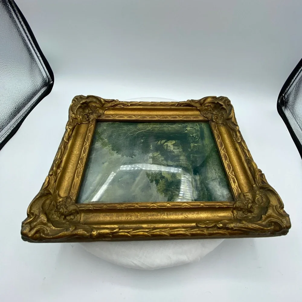 Vintage 10x9 Framed Landscape Gold Ornate Rococo Pastoral Scene Gilt Rustic